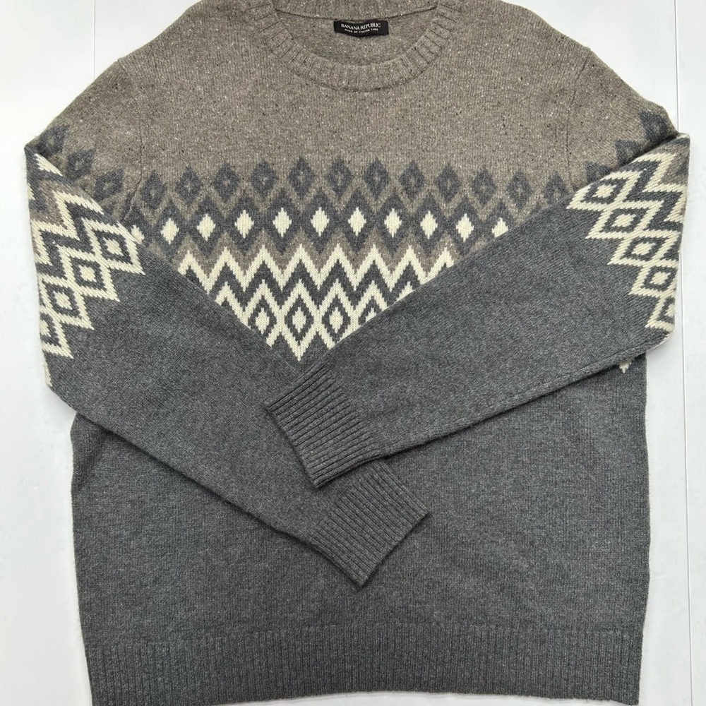 Banana Republic Gray/ Brown Crewneck Sweater Italian Yarn Wool Blend Fairisle